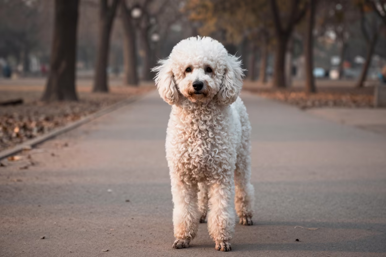 Poodle Portrait on Jabalpur Park Path in Copper Light in along a quiet park path with soft open shade and a clean background in Jabalpur