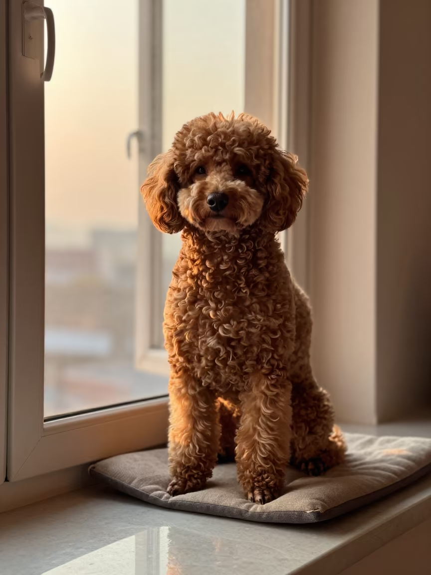 Poodle Portrait on Kathmandu Window Seat in on a cushioned window seat with soft side light and an uncluttered background in Kathmandu