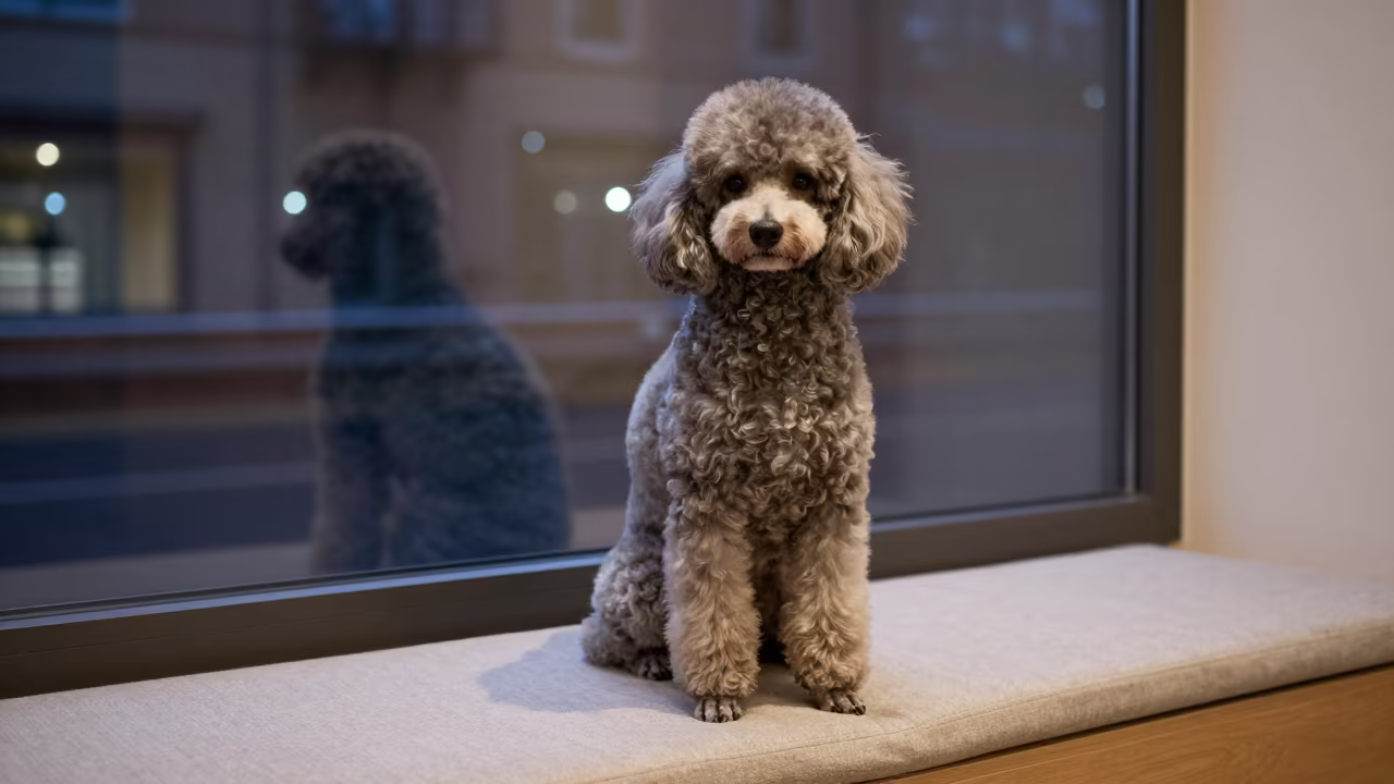 Poodle Portrait on Kunming Window Seat in on a cushioned window seat with soft side light and an uncluttered background in Kunming