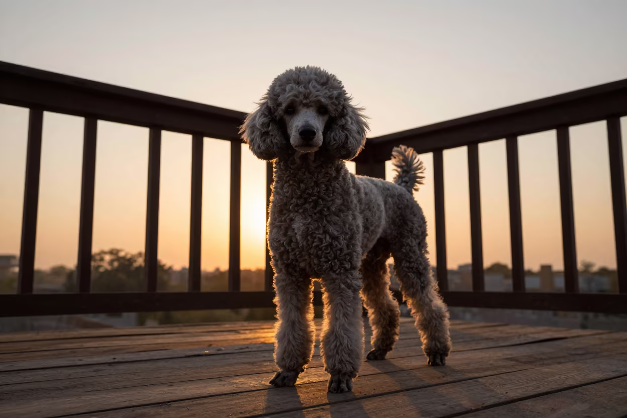 Poodle Portrait on Lahore Porch at Sunset in on a shaded front porch with boards, railings, and eye-level framing near Lahore