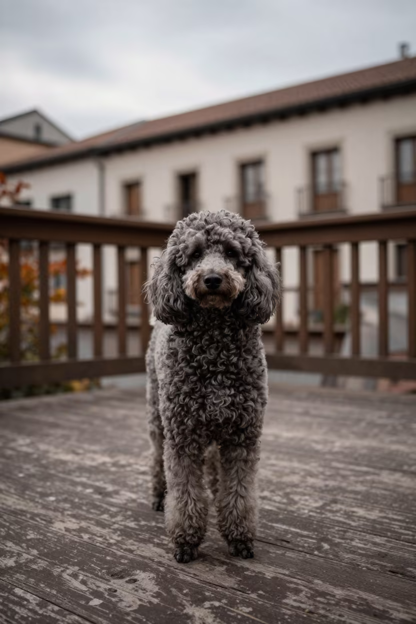 Poodle Portrait on Madrid Porch at Dusk in on a shaded front porch with boards, railings, and eye-level framing near Madrid