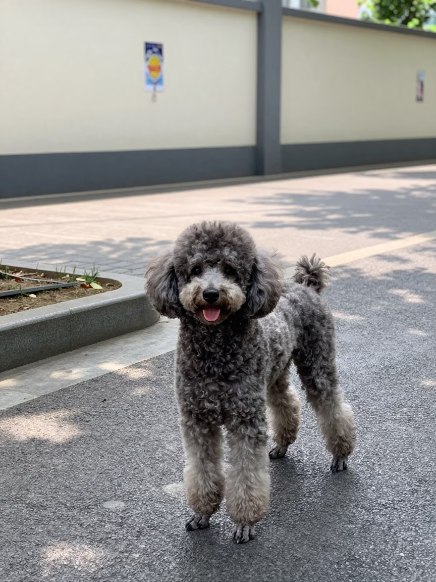 Poodle Portrait on Nanchang Park Path in along a quiet park path with soft open shade and a clean background in Nanchang