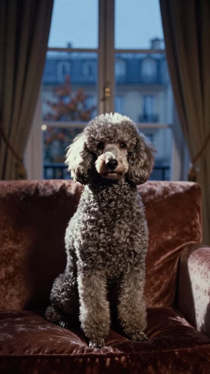 Poodle Portrait on Paris Sofa Twilight in on a sofa near a curtained window with calm indoor light in Oberkampf, Paris