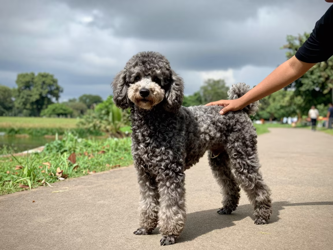 Poodle Portrait on Quiet Park Path in Indore in along a quiet park path with soft open shade and a clean background near Indore