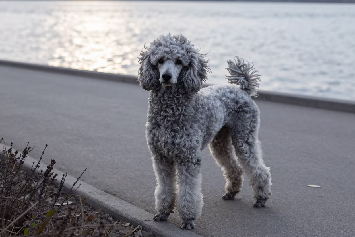 Poodle Portrait on Quiet Park Path in Late Afternoon in along a quiet park path with soft open shade and a clean background near Chelyabinsk