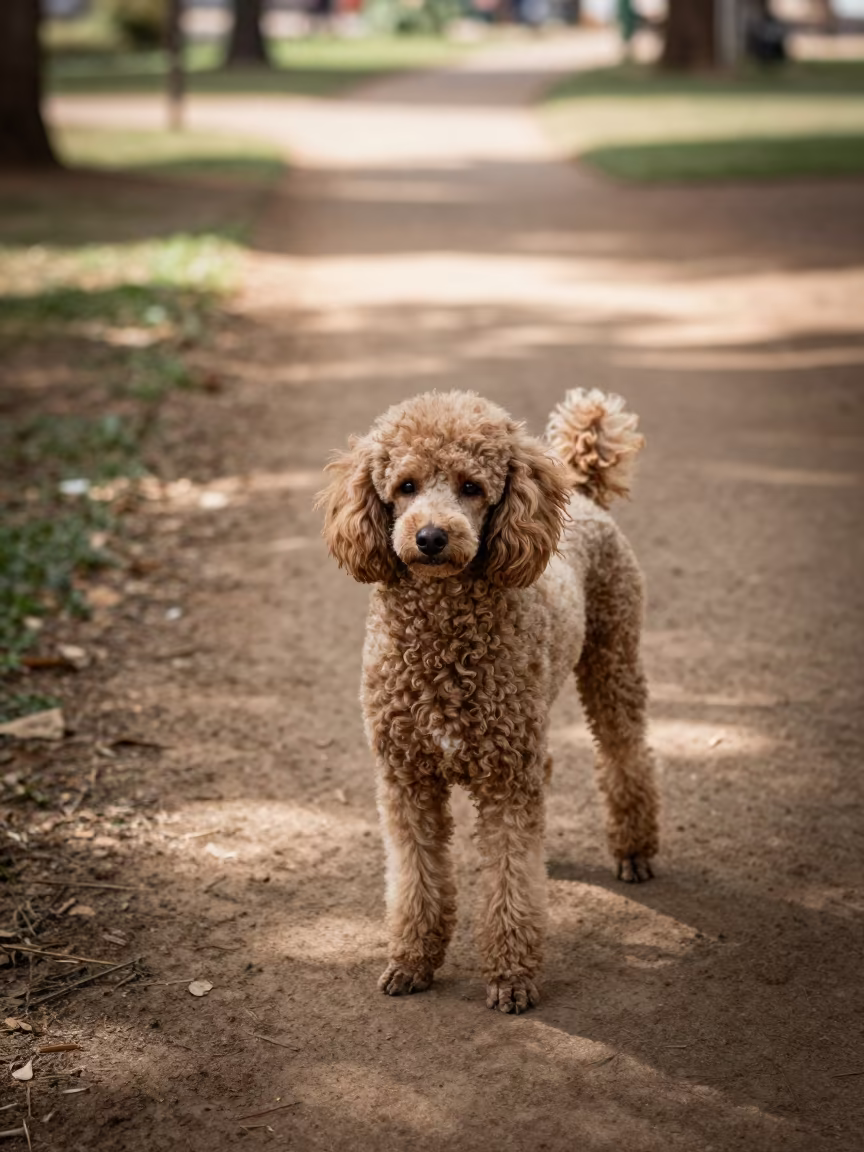 Poodle Portrait on Quiet Park Path in Ziguinchor in along a quiet park path with soft open shade and a clean background in Ziguinchor