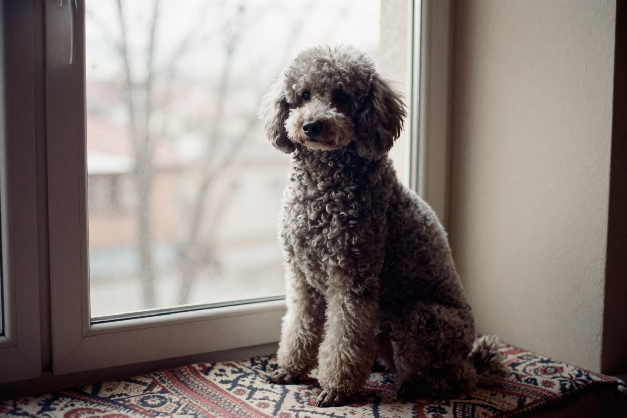Poodle Portrait on Şanlıurfa Window Seat in on a cushioned window seat with soft side light and an uncluttered background in Şanlıurfa