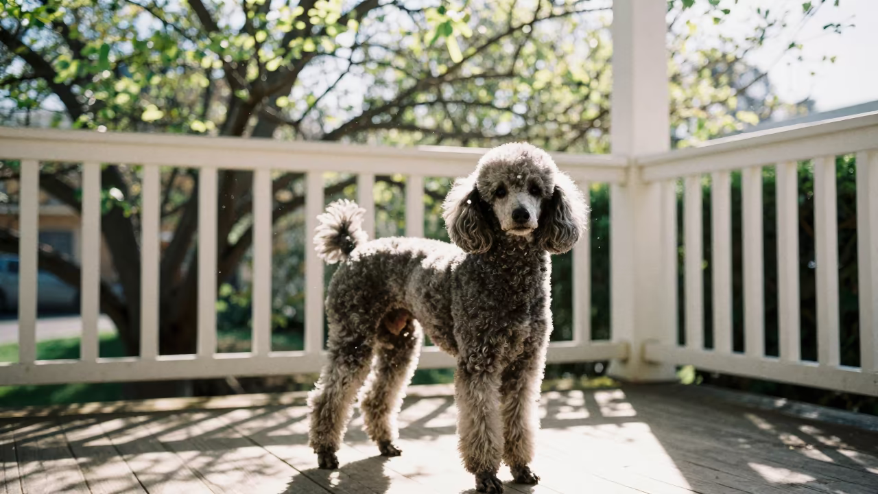 Poodle Portrait on Shaded Catania Porch in on a shaded front porch with boards, railings, and eye-level framing in Catania