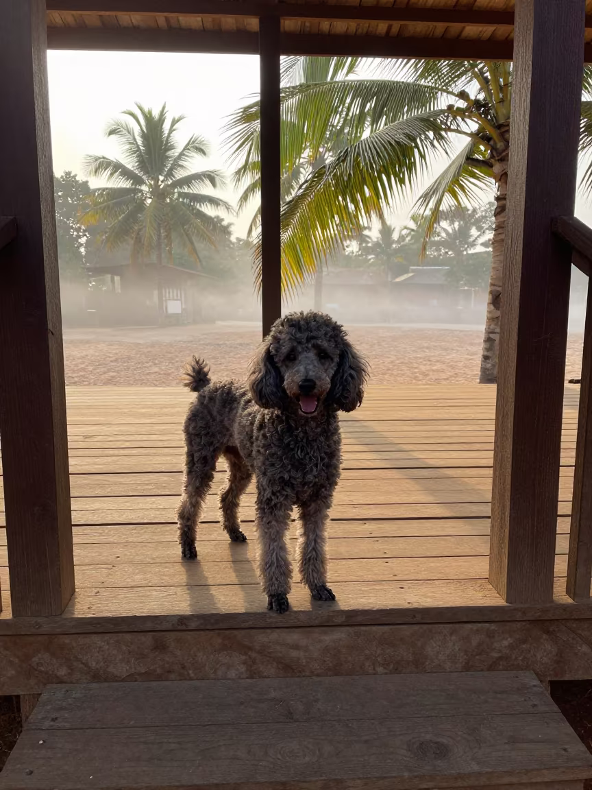 Poodle Portrait on Shaded Duékoué Porch in on a shaded front porch with boards, railings, and eye-level framing in Duékoué