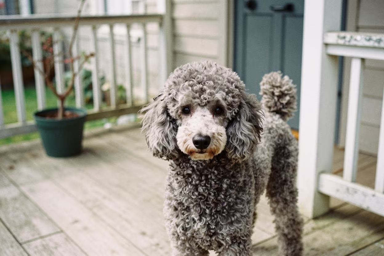 Poodle Portrait on Shaded Nantes Porch in on a shaded front porch with boards, railings, and eye-level framing near Nantes