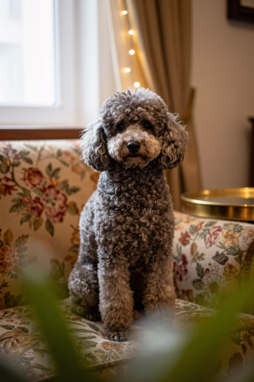 Poodle Portrait on Sofa in Isfahan Home in on a sofa near a curtained window with calm indoor light in Isfahan