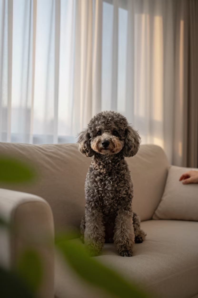 Poodle Portrait on Sofa in Taiyuan Dawn Light in on a sofa near a curtained window with calm indoor light in Taiyuan
