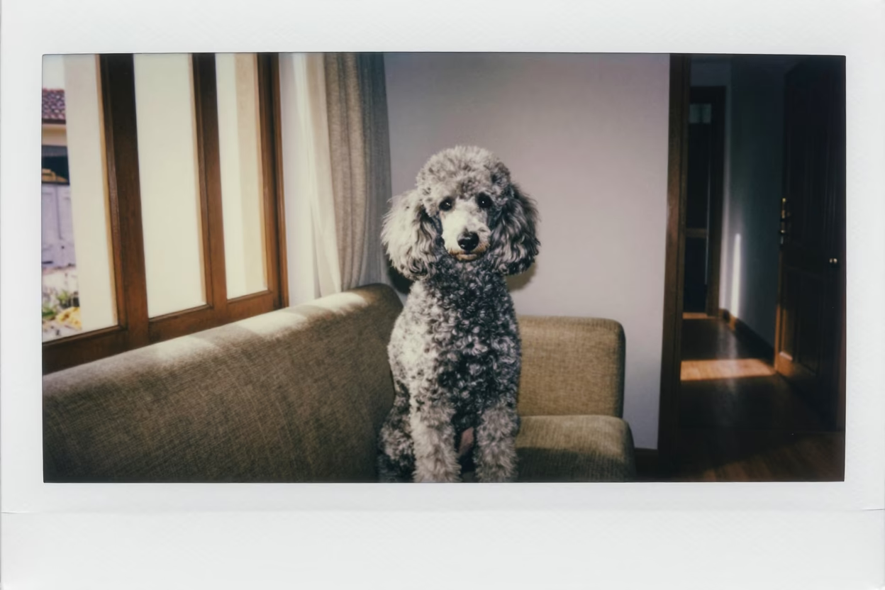 Poodle Portrait on Sofa Near Curtained Window in on a sofa near a curtained window with calm indoor light in Pinar del Río