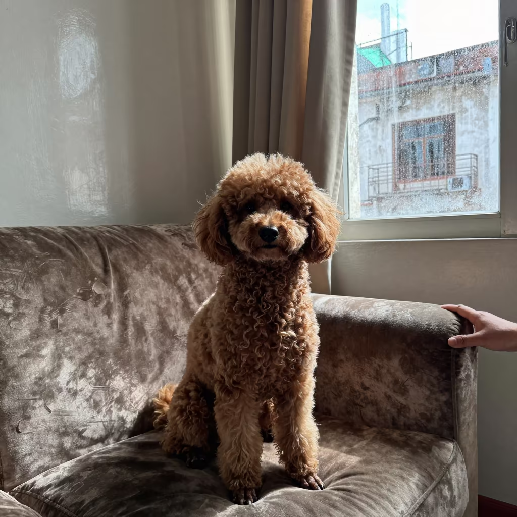 Poodle Portrait on Sofa Near Havana Window in on a sofa near a curtained window with calm indoor light in Vedado, Havana