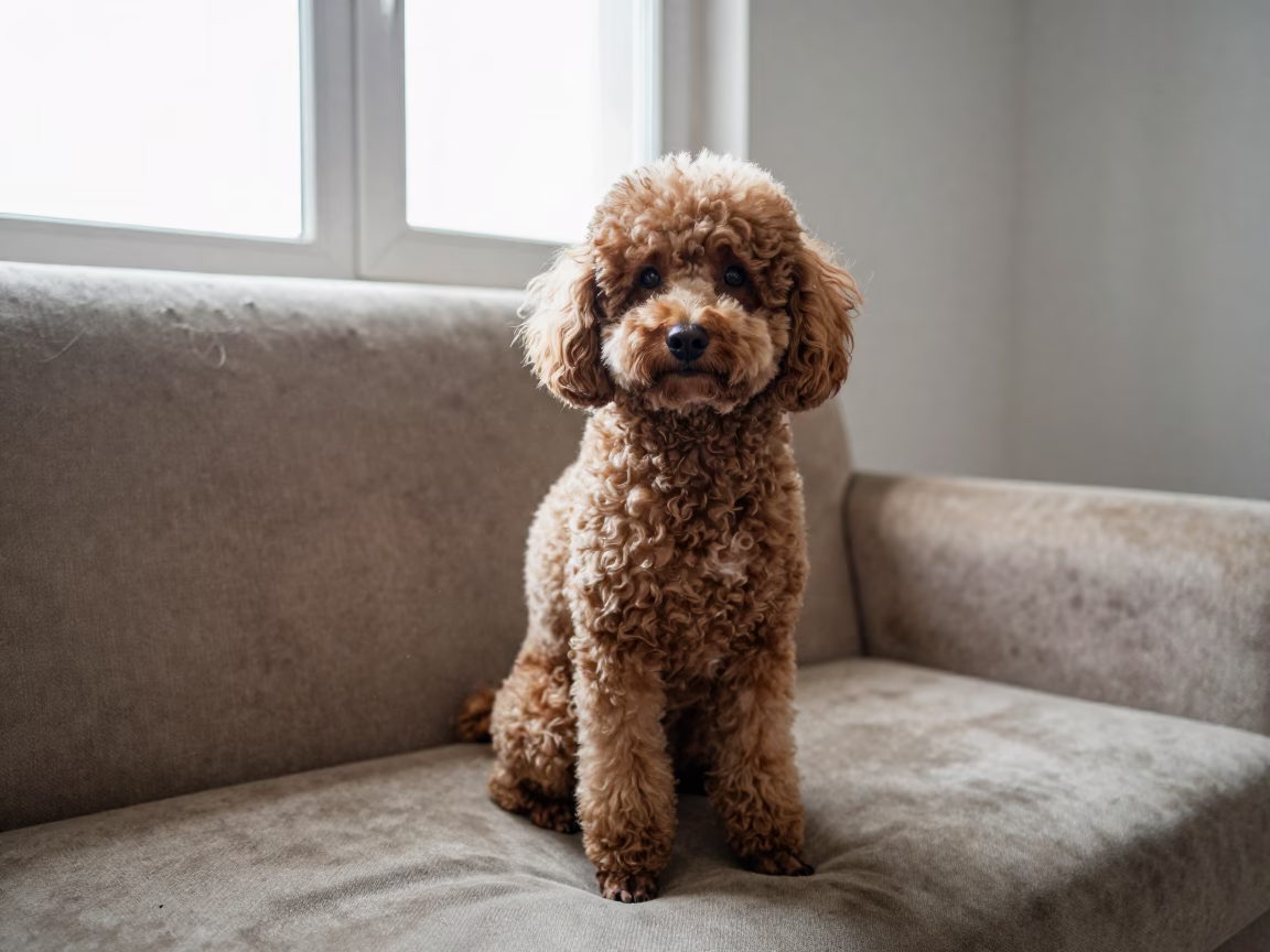 Poodle Portrait on Sofa Near Ramallah Window in on a sofa near a curtained window with calm indoor light near Ramallah