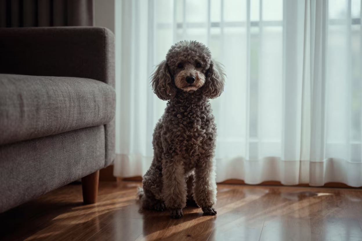 Poodle Portrait on Sofa Near Window in on a sofa near a curtained window with calm indoor light in Mogaung