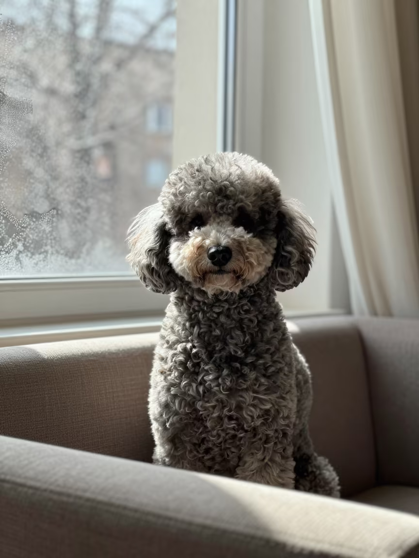 Poodle Portrait on Tehran Sofa Near Window in on a sofa near a curtained window with calm indoor light in Enghelab, Tehran
