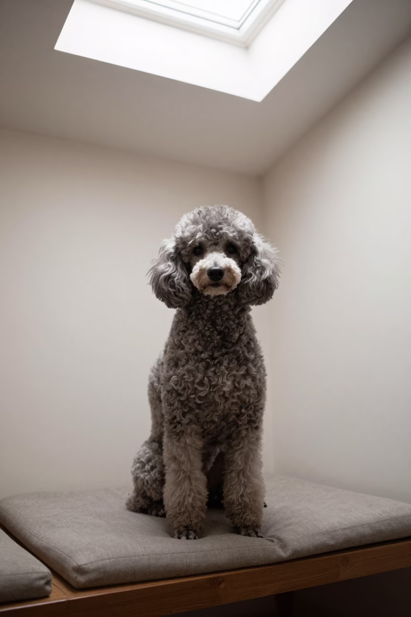 Poodle Portrait on Venetian Window Seat in on a cushioned window seat with soft side light and an uncluttered background near Giudecca, Venice