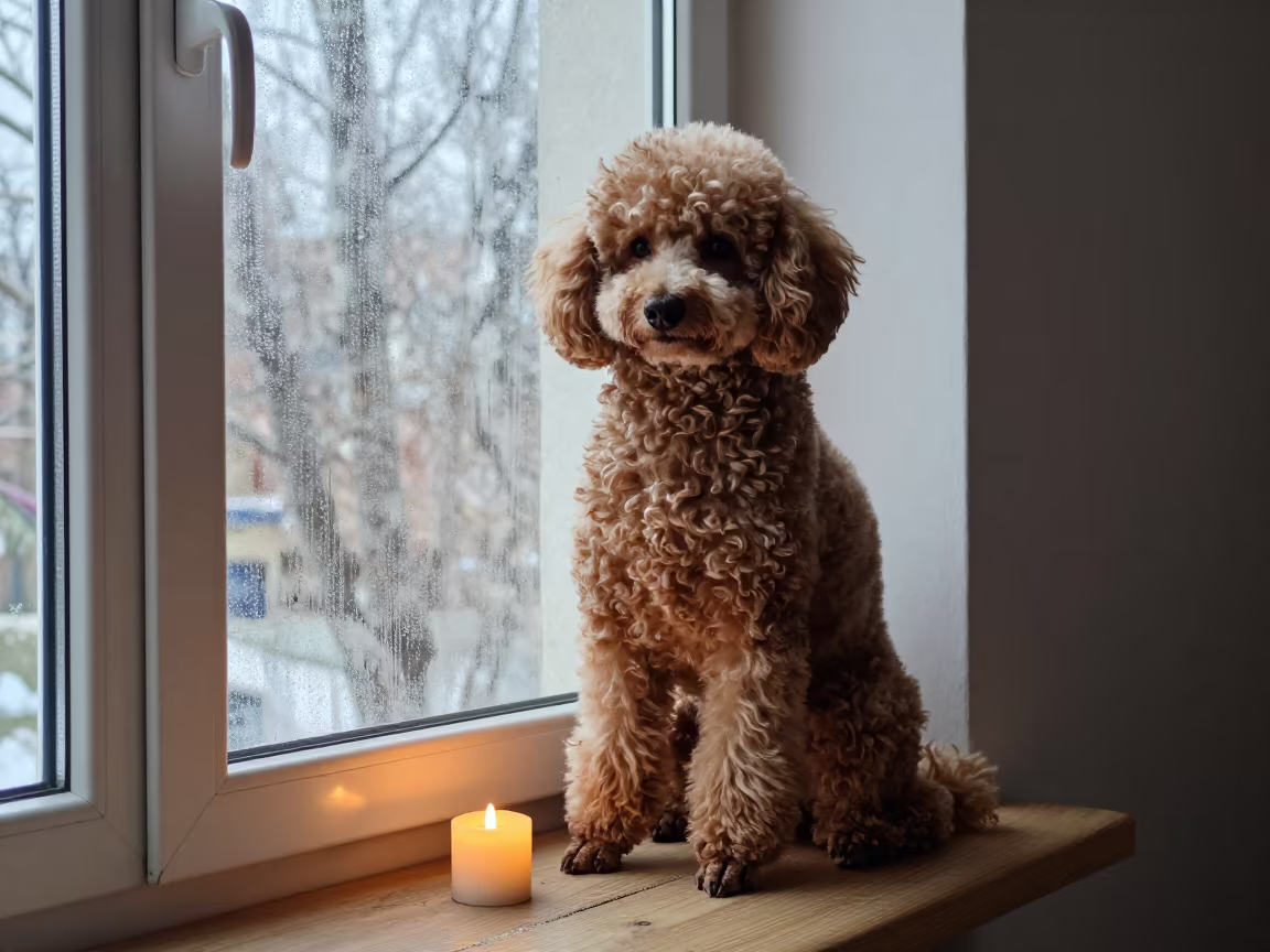 Poodle Portrait on Window Edge Before Dawn in on a sofa near a curtained window with calm indoor light in Chirchiq