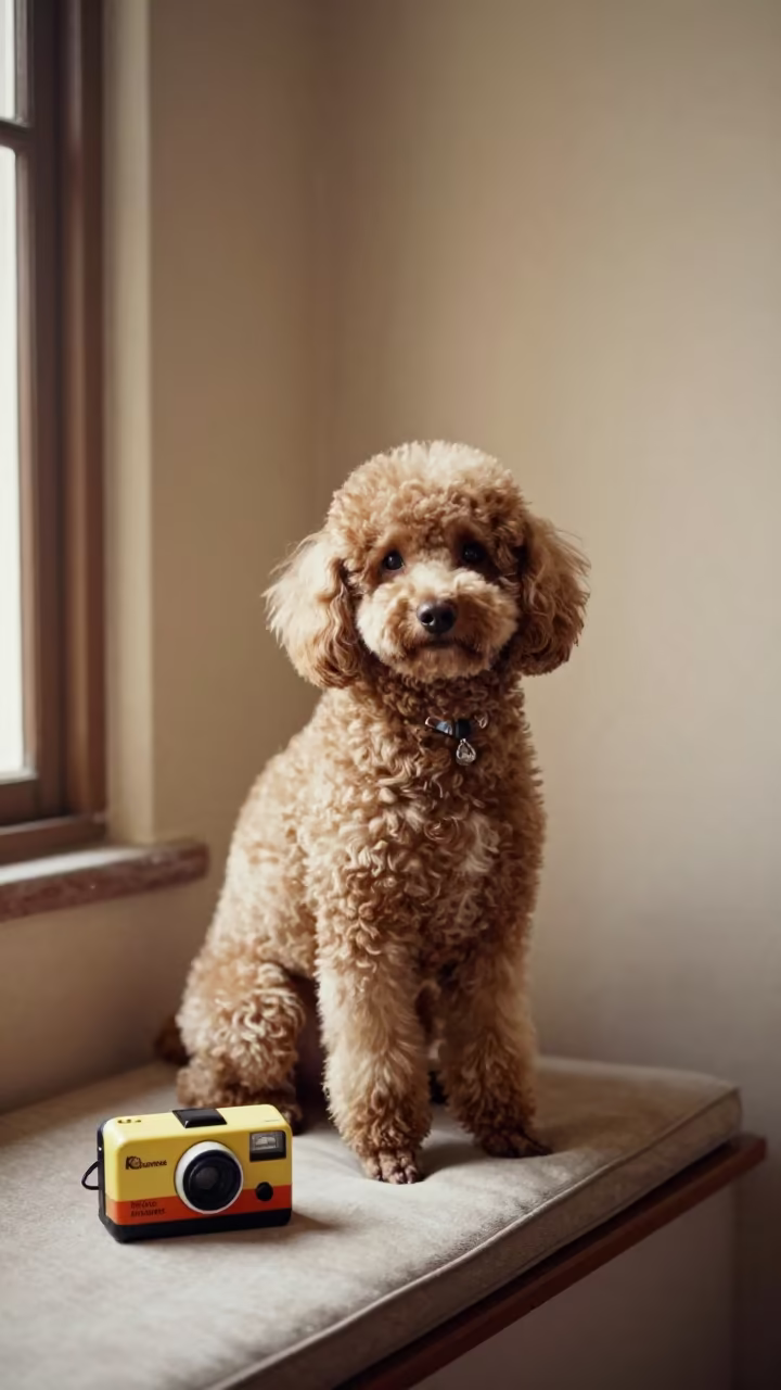 Poodle Portrait on Window Seat Aguascalientes in on a cushioned window seat with soft side light and an uncluttered background in Aguascalientes