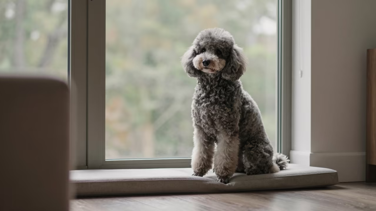 Poodle Portrait on Window Seat Atlanta in on a cushioned window seat with soft side light and an uncluttered background in Atlanta
