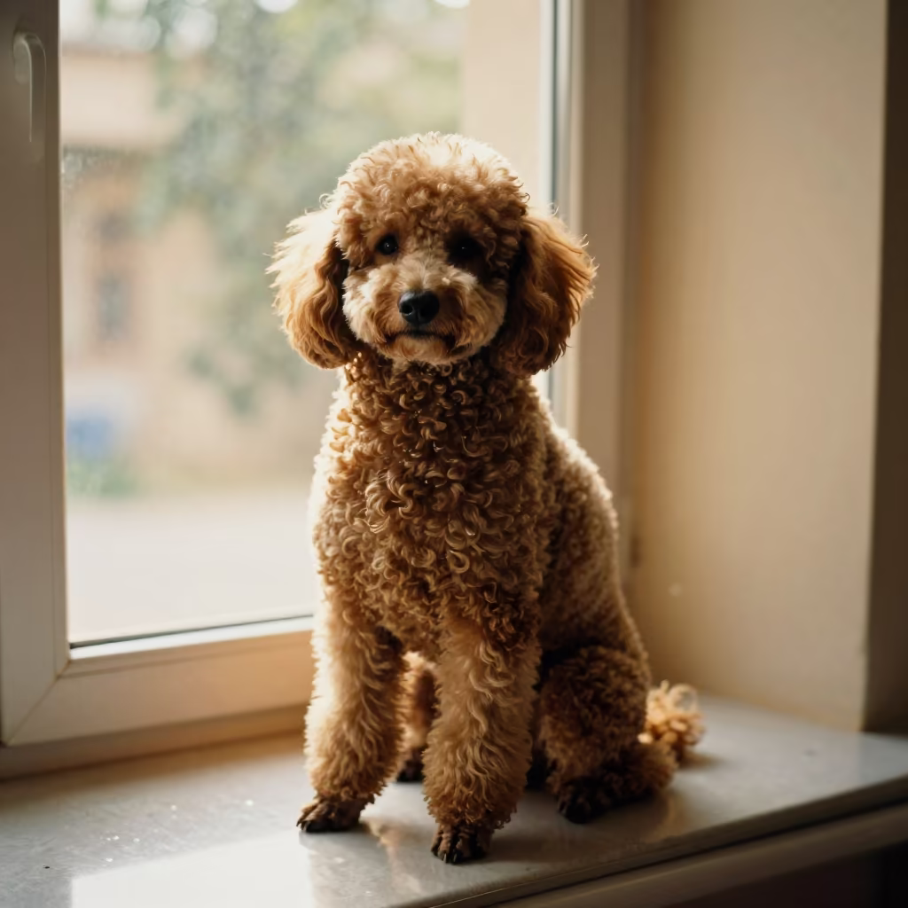 Poodle Portrait on Window Seat Before Dusk in on a cushioned window seat with soft side light and an uncluttered background near Sheberghan