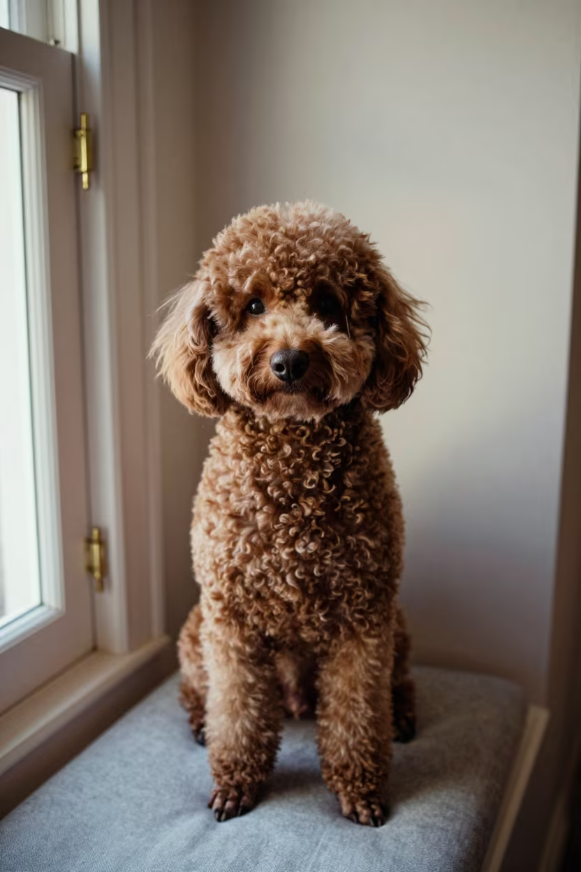 Poodle Portrait on Window Seat Cape Town in on a cushioned window seat with soft side light and an uncluttered background near Green Point, Cape Town