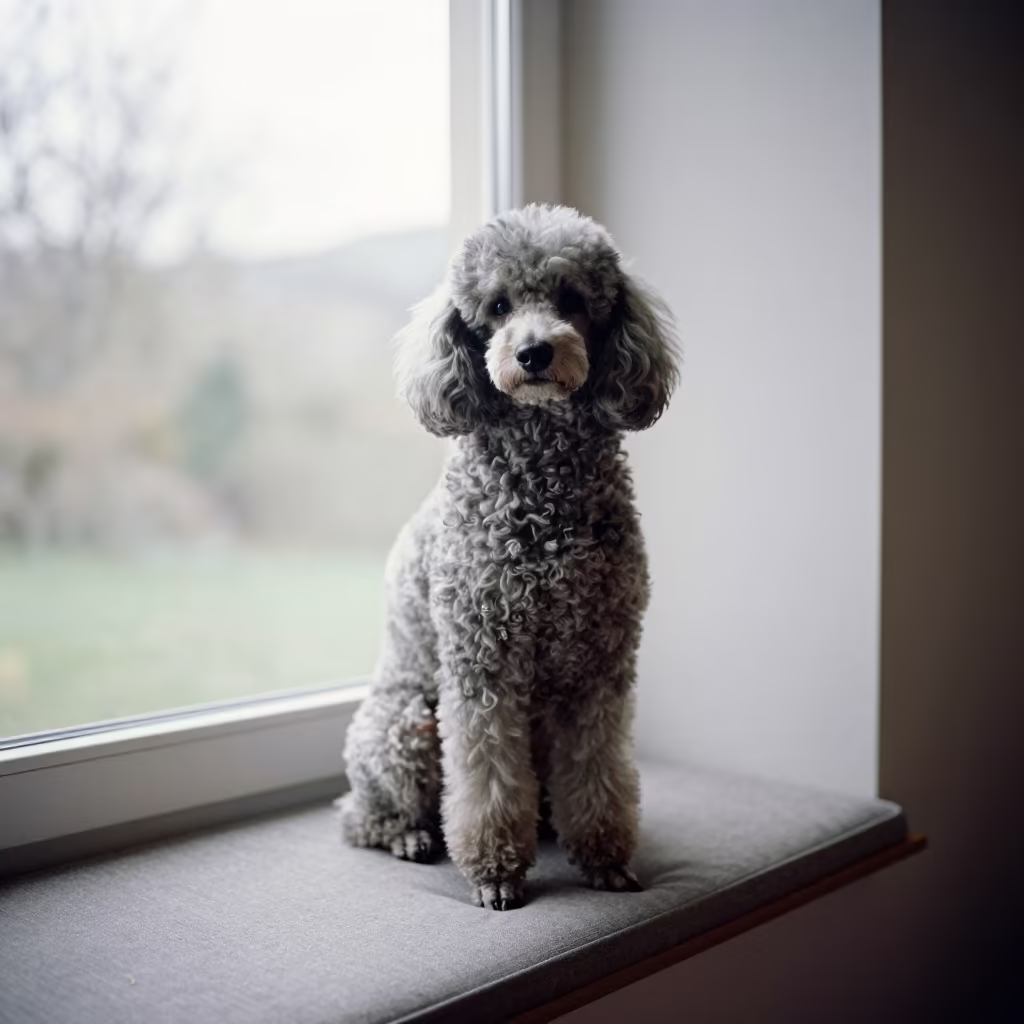 Poodle Portrait on Window Seat Cardiff Afternoon in on a cushioned window seat with soft side light and an uncluttered background in Cardiff