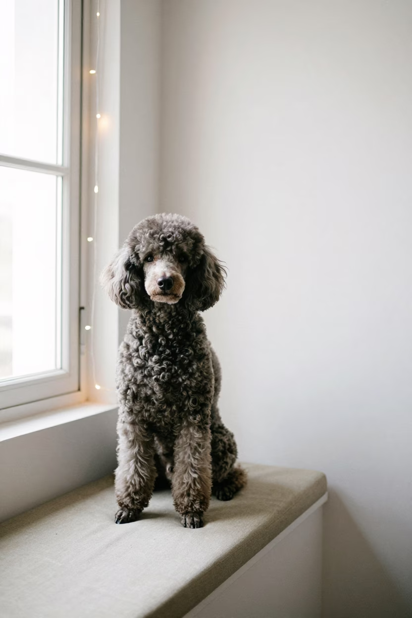 Poodle Portrait on Window Seat in Ahmedpur East in on a cushioned window seat with soft side light and an uncluttered background near Ahmedpur East