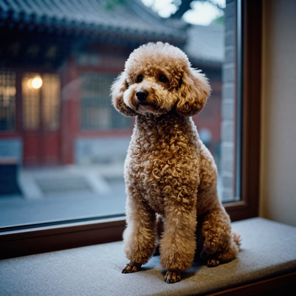 Poodle Portrait on Window Seat in Beijing Night in on a cushioned window seat with soft side light and an uncluttered background near Liulichang, Beijing