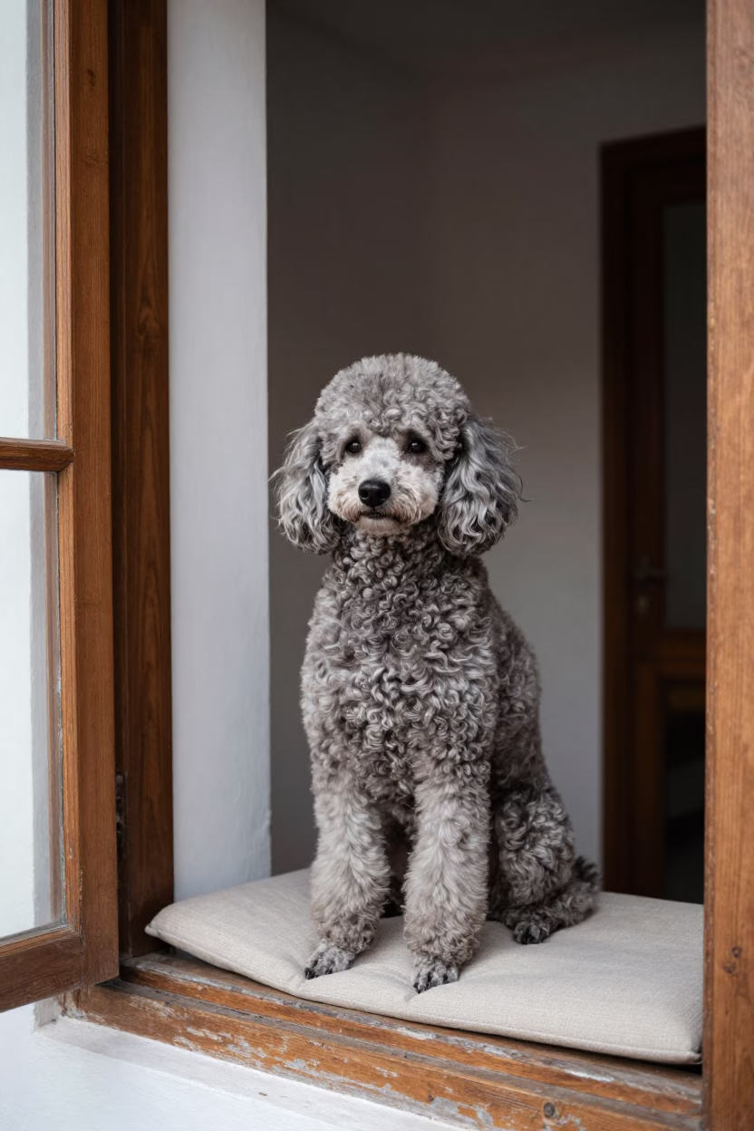 Poodle Portrait on Window Seat in Diyarbakir in on a cushioned window seat with soft side light and an uncluttered background in Diyarbakir