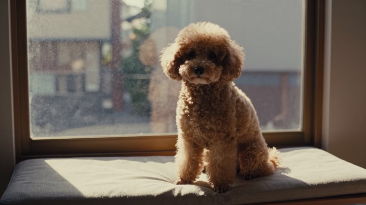 Poodle Portrait on Window Seat in Early Winter Tokyo in on a cushioned window seat with soft side light and an uncluttered background near Koenji, Tokyo