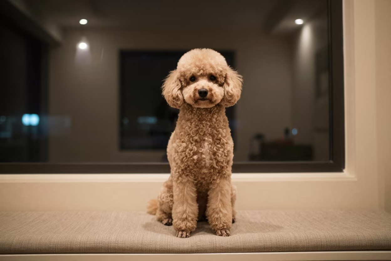 Poodle Portrait on Window Seat in Godavarikhani in on a cushioned window seat with soft side light and an uncluttered background in Godavarikhani