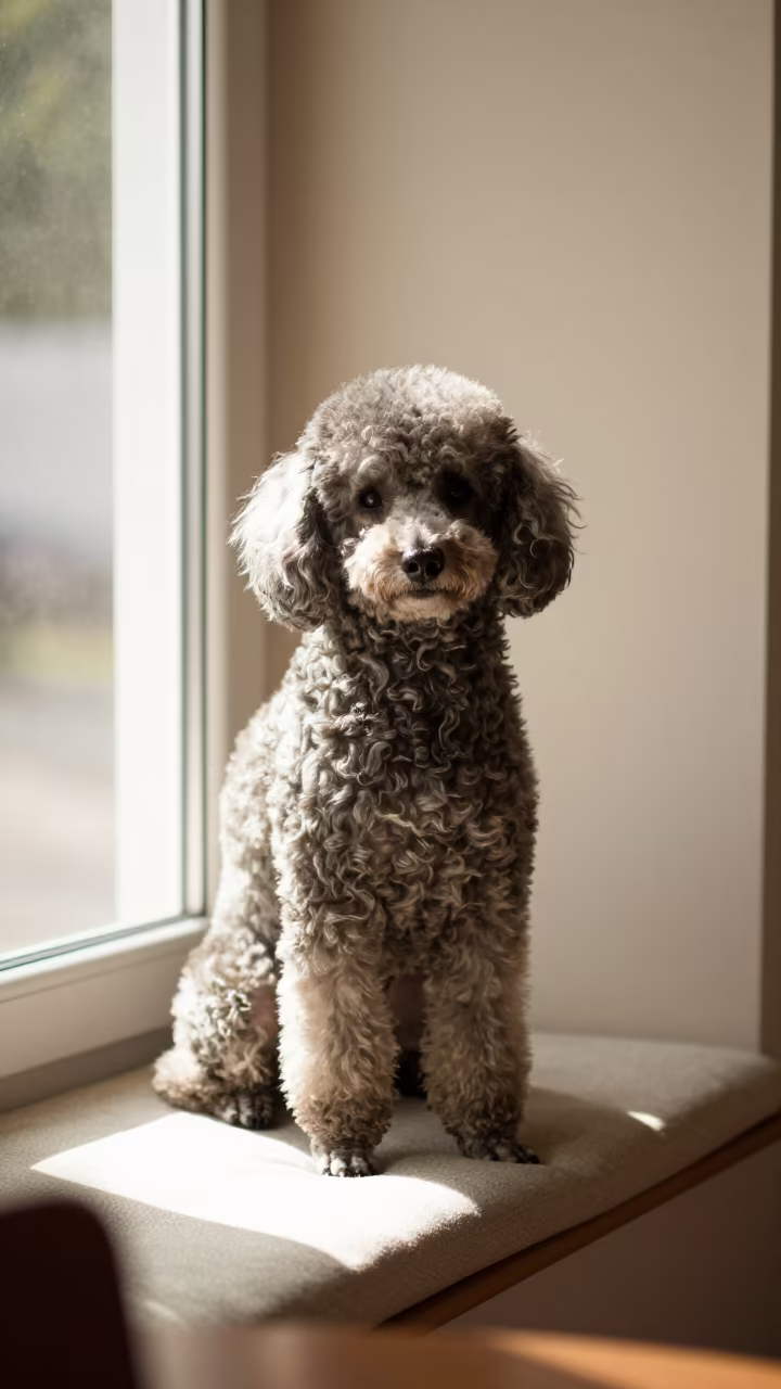 Poodle Portrait on Window Seat in Guadalupe in on a cushioned window seat with soft side light and an uncluttered background in Guadalupe