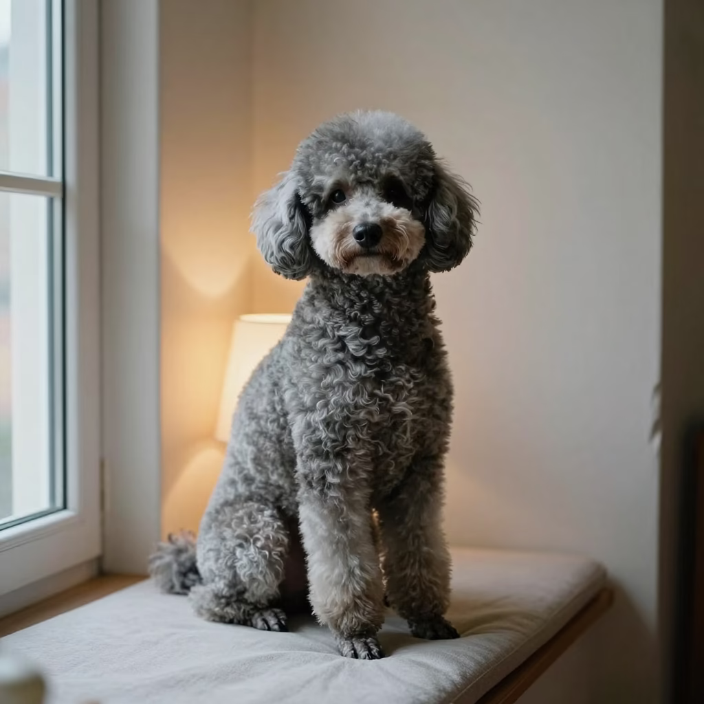 Poodle Portrait on Window Seat in Haiphong in on a cushioned window seat with soft side light and an uncluttered background in Haiphong