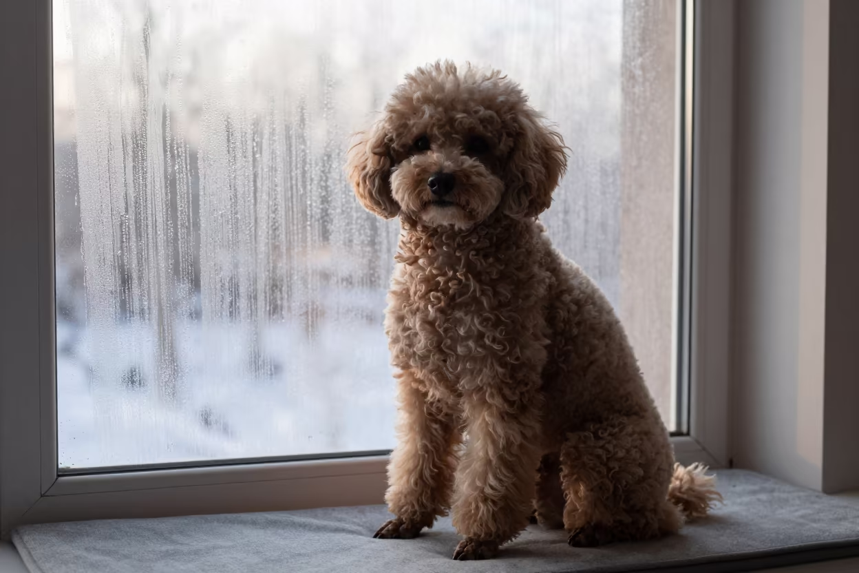 Poodle Portrait on Window Seat in Hohhot Dawn in on a cushioned window seat with soft side light and an uncluttered background in Hohhot