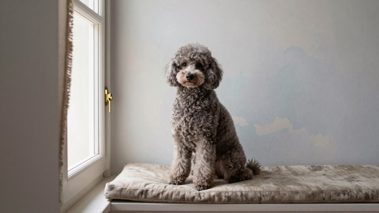 Poodle Portrait on Window Seat in La Victoria in on a cushioned window seat with soft side light and an uncluttered background in La Victoria