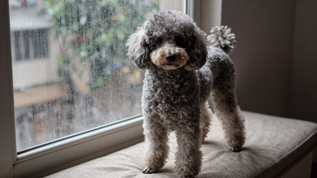 Poodle Portrait on Window Seat in Rainy Jamnagar in on a cushioned window seat with soft side light and an uncluttered background in Jamnagar