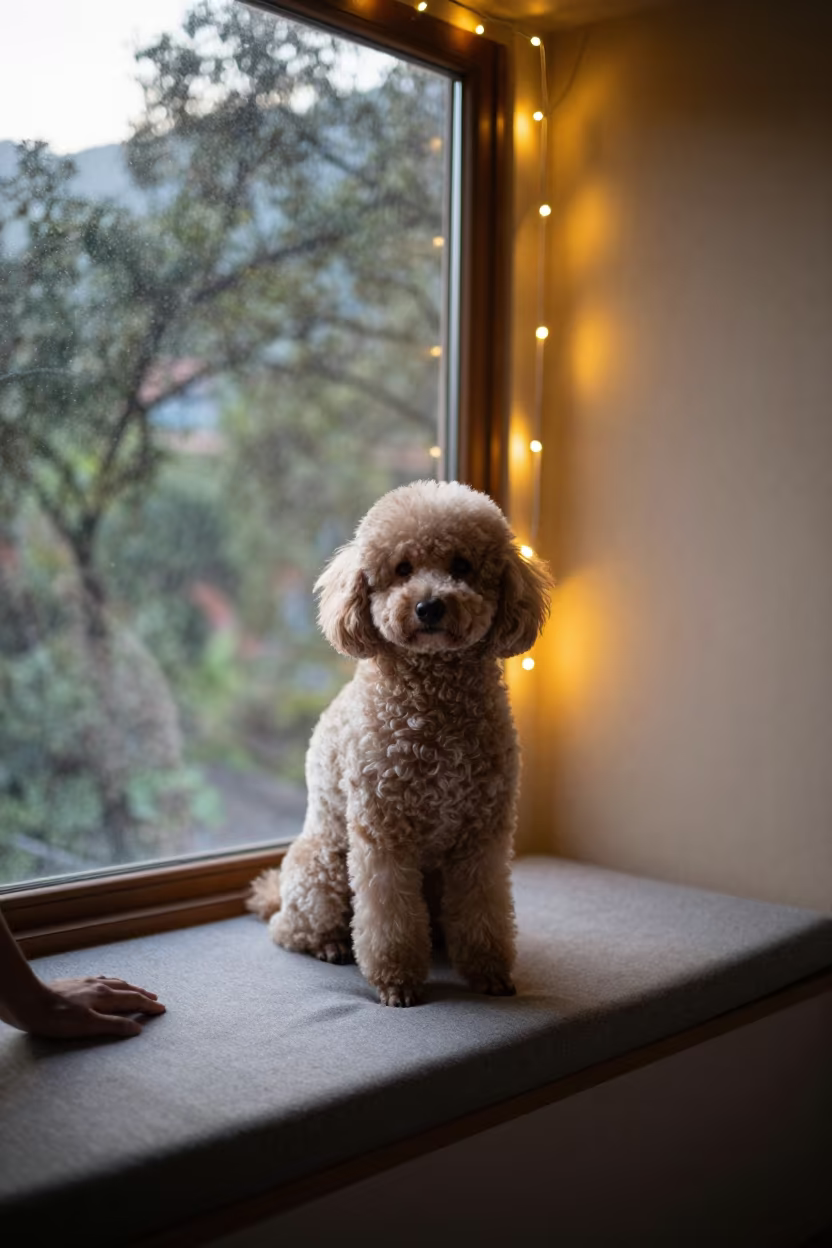 Poodle Portrait on Window Seat in Rishikesh in on a cushioned window seat with soft side light and an uncluttered background in Rishikesh