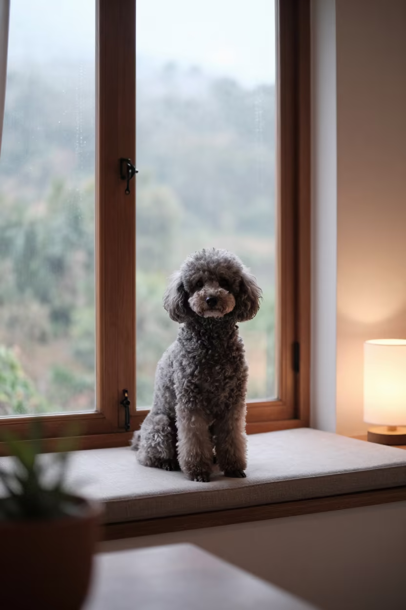 Poodle Portrait on Window Seat in Tarapoto in on a cushioned window seat with soft side light and an uncluttered background in Tarapoto