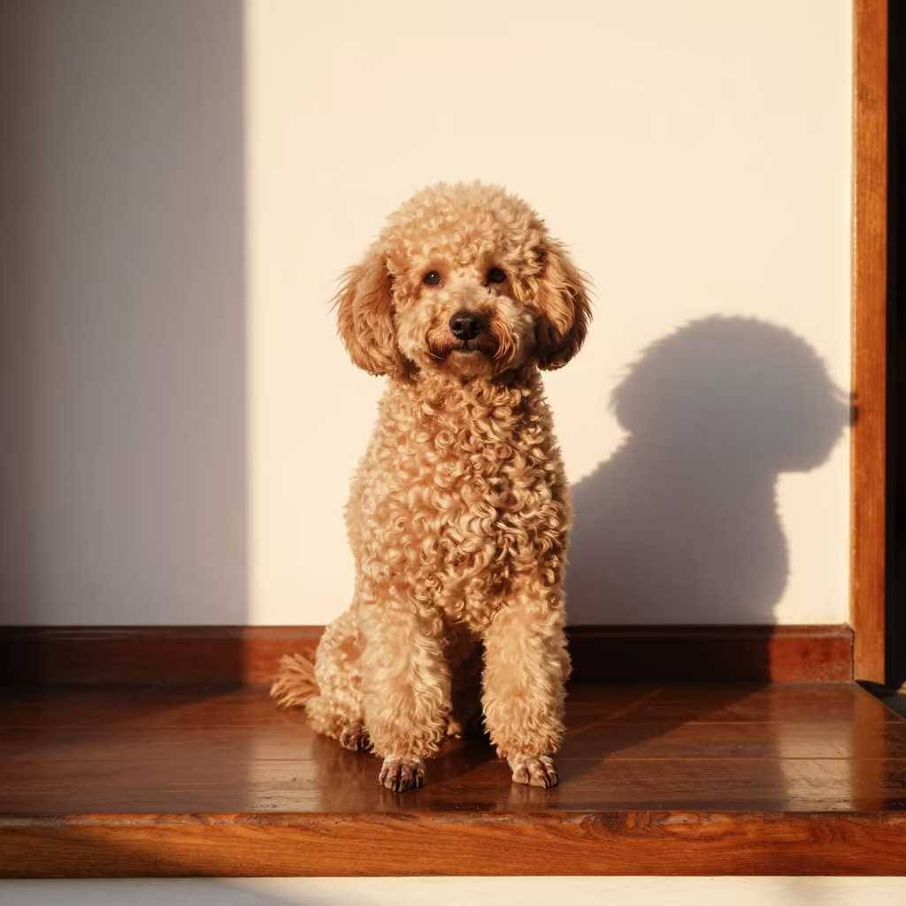Poodle Portrait on Window Seat Jujuy in on a cushioned window seat with soft side light and an uncluttered background in San Salvador de Jujuy