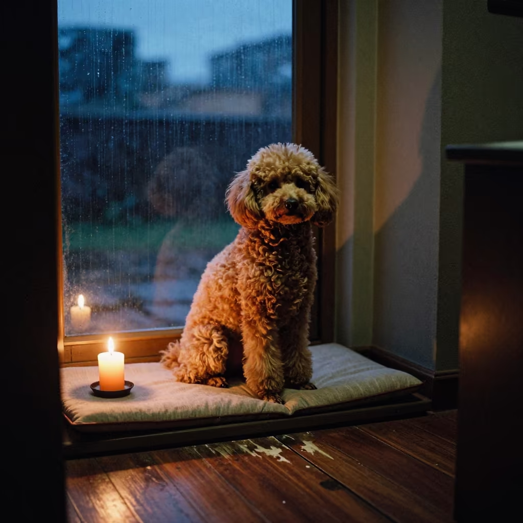 Poodle Portrait on Window Seat Lubango Blue Hour in on a cushioned window seat with soft side light and an uncluttered background in Lubango