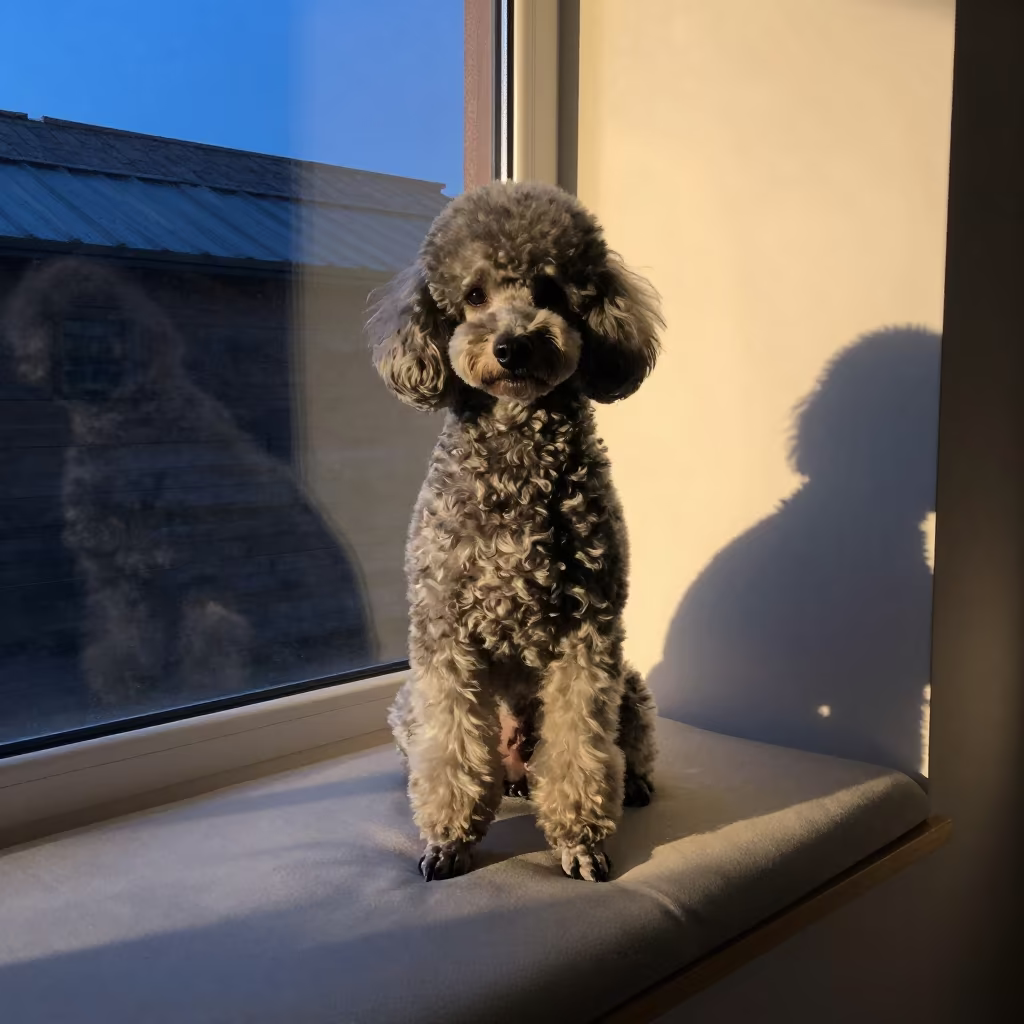 Poodle Portrait on Window Seat Near Irbid in on a cushioned window seat with soft side light and an uncluttered background near Irbid
