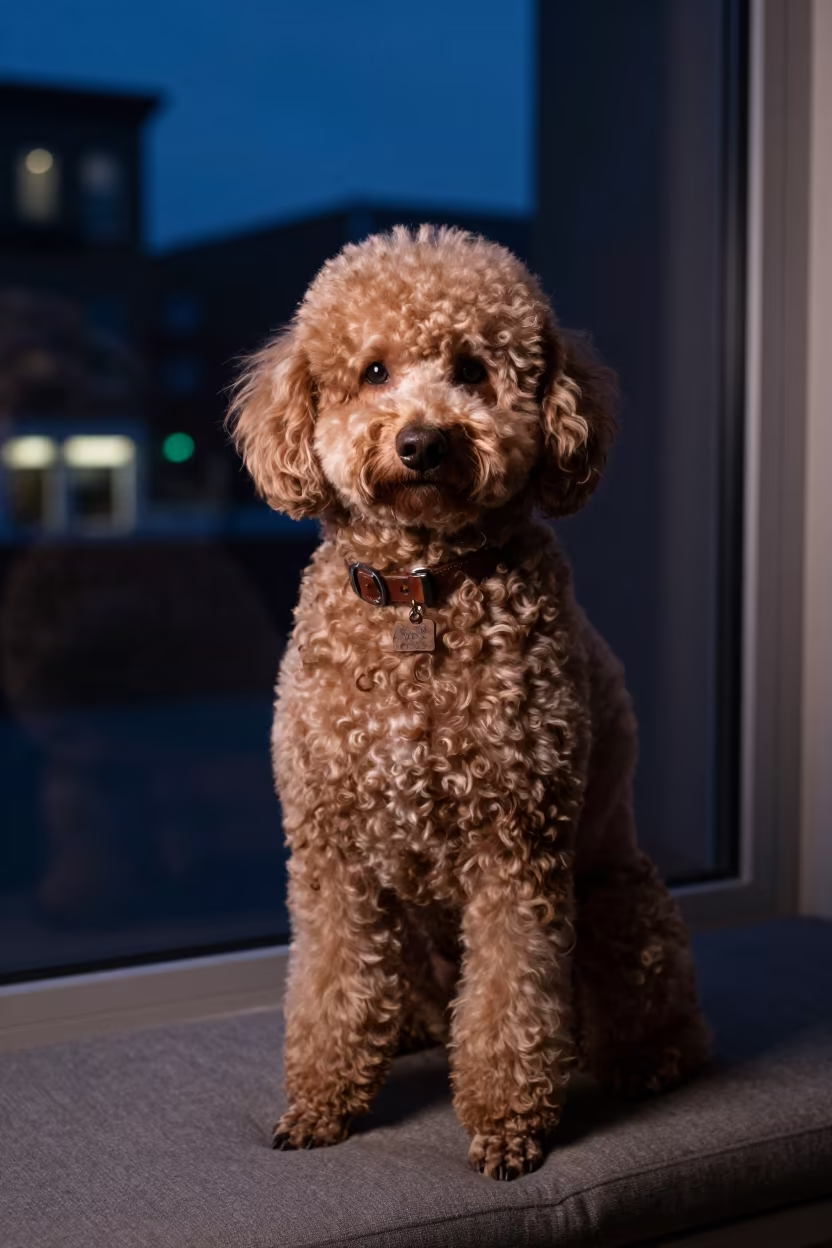 Poodle Portrait on Window Seat Neon Light in on a cushioned window seat with soft side light and an uncluttered background in Baltimore