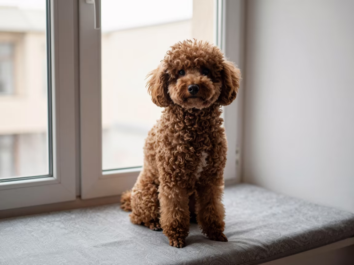 Poodle Portrait on Window Seat Tehran in on a cushioned window seat with soft side light and an uncluttered background in Vali-e Asr, Tehran