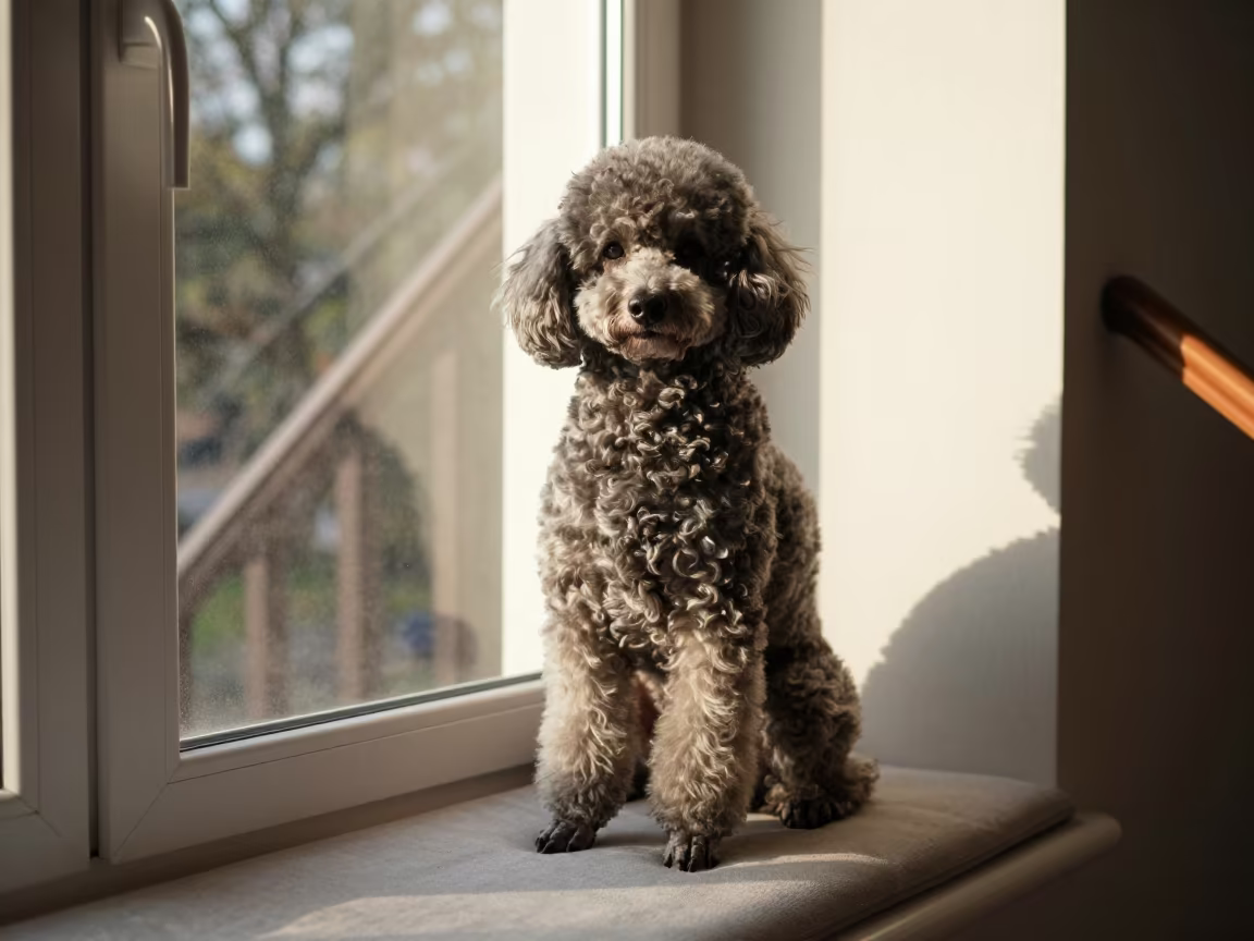 Poodle Portrait on Window Seat with Dust Light in on a cushioned window seat with soft side light and an uncluttered background near Changchun
