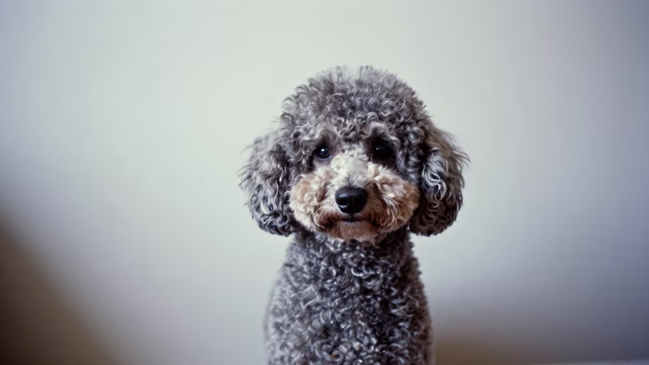 Poodle Portrait Soft Tungsten Light Thane in beside a plain plaster wall in soft indoor light with the animal centered in frame in Thane