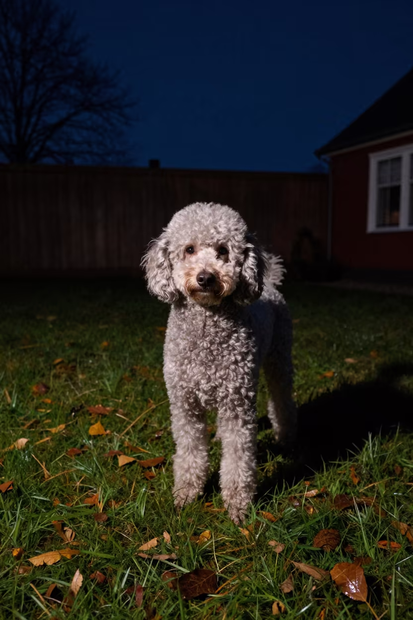 Poodle Portrait Under Neon Night Light in in a small yard with clipped grass, calm light, and the animal centered in frame near Odense