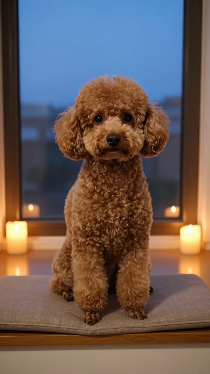 Poodle Portrait Window Seat Evening Candlelight in on a cushioned window seat with soft side light and an uncluttered background near Wuhan