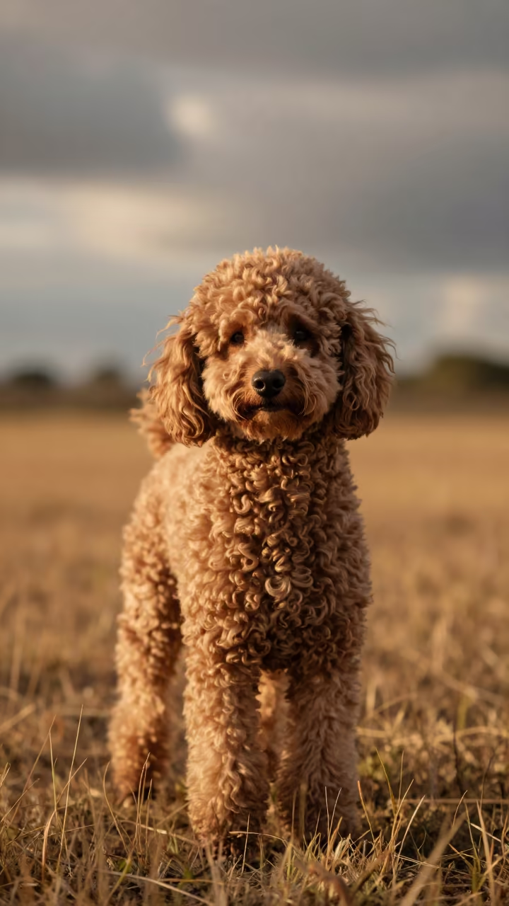 Poodle Portrait With Defined Coat Texture In Nampula in near a garden edge with soft morning light and an uncluttered background in Nampula